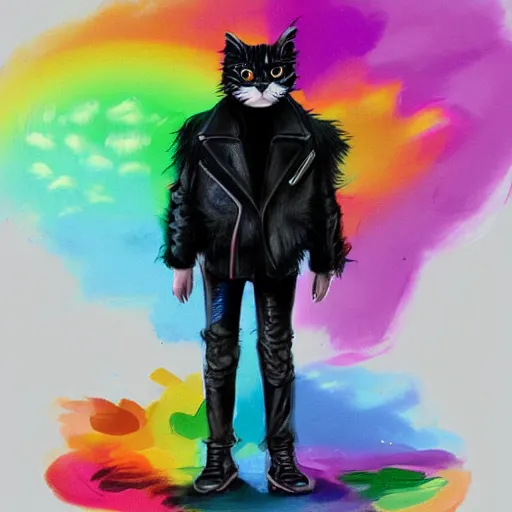 Image similar to wide angle full body, jacket wearing fluffy cute rainbow kitten wearing a black leather motorcycle jacket, cinematic concept art