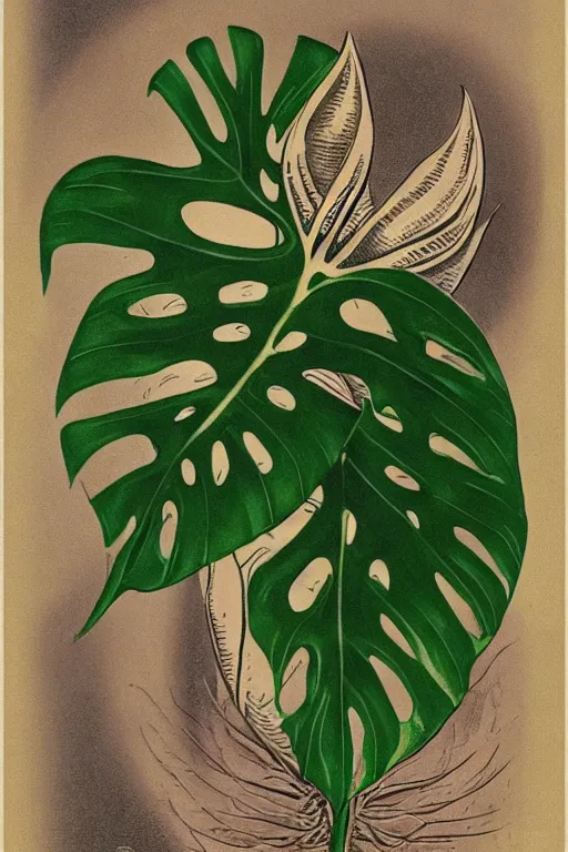 Image similar to vintage magazine advertisement as a tattoo depicting a monstera leaf, monstera!!!, in focus, sharp, smooth, by marius lewandowski, by ernst haeckel