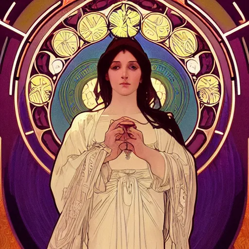 Image similar to a Portrait of A goddess in a church with a holy light emanating from her body by alphonse mucha and greg rutkowsk,In style of WLOP,digital art illustration.hyper detailed,smooth, sharp focus,trending on artstation,4k