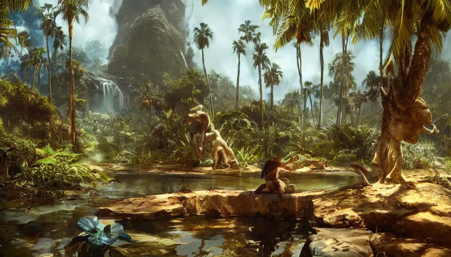 Image similar to craig mullins, frank frazetta art, science fiction landscape, jungle animals and palm trees, water, unreal engine, hyper realism, realistic shading, realistic render, octane render, detailed textures, photorealistic, wide shot