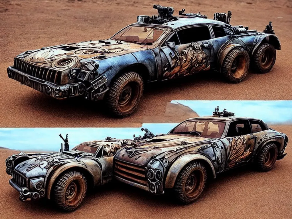 Image similar to a mad max style car designed by joe fenton painted by rhads, lots of weapons, customised military steampunk