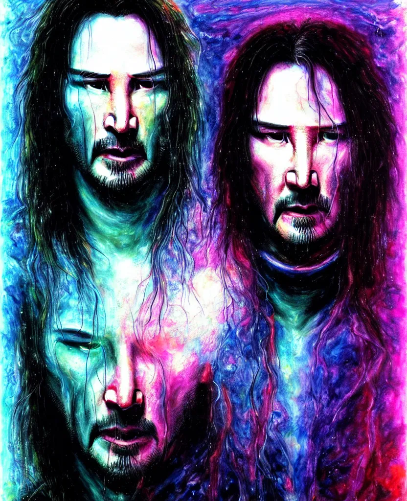 Prompt: realistic detailed image of ultra rainbow portrait of neo by keanu reeves morpheus trinity matrix!!! nabucodonosor zion, depth perception, depth of field, action horror by ayami kojima, neo - gothic, gothic, part by adrian ghenie and gerhard richter. art by yoshitaka amano. masterpiece