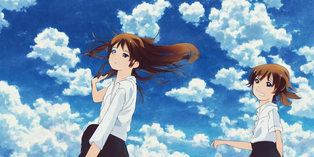 Prompt: a teenage girl flying among the clouds, anime drawing in the style of Makoto Shinkai