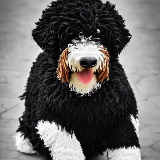 Image similar to a closeup photorealistic photograph of a cute smiling knitted bernedoodle judge dog dressed in a black gown, presiding over the courthouse. indoors, professional capture, well lit shot. this 4 k hd image is trending on artstation, featured on behance, well - rendered, extra crisp, features intricate detail, epic composition and the style of unreal engine.