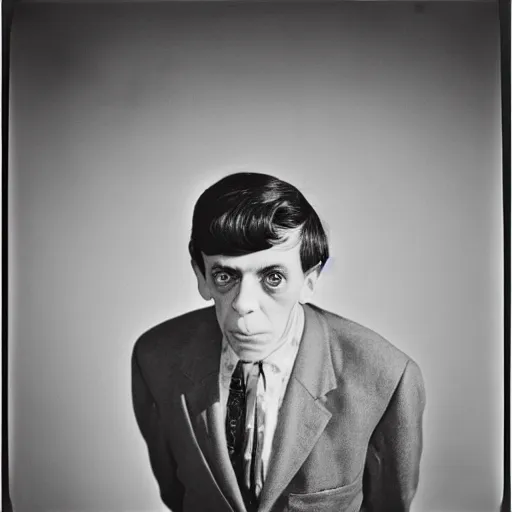 Image similar to photo of Carl Switzer by Diane Arbus, black and white, high contrast, Rolleiflex, 55mm f/4 lens