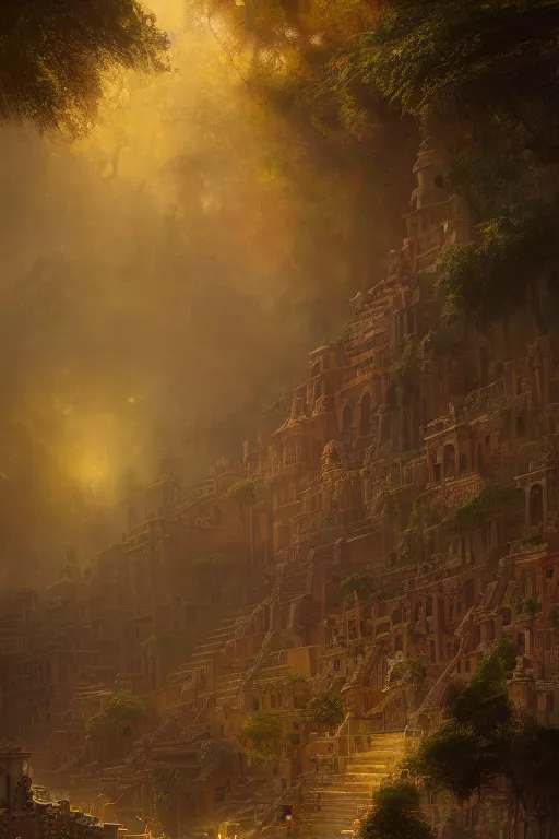 Image similar to old aztec city of gold in the middle of the forest, intricate, elegant, volumetric lighting, digital painting, highly detailed, artstation, sharp focus, illustration, concept art, ruan jia, steve mccurry