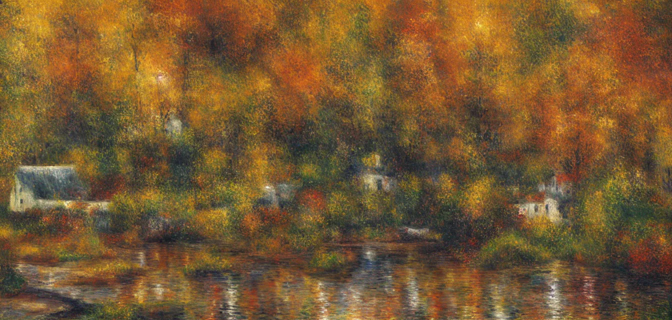 Prompt: a painting of sparse stone cottages underneath a dense forest, with a cascading river and pristine reflect. gorgeous, elegant, sophisticated, an ultrafine painting, intricate brused strokes, bright depth oil colors, by renoir and araken alcantara, mist diffuse promiseful illumination, autumn sunrise warm light, detailed and intricate environment of hopeful bodyscapes