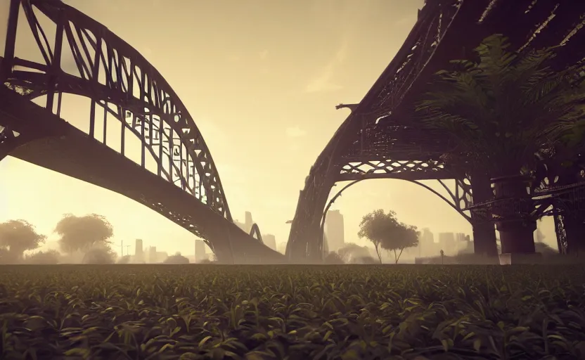 Image similar to explosions in the form of realistic cotton plants cover harbour bridge, huge cotton plants everywhere, smooth, sharp focus, highly detailed, 3 d octane render, epic lighting, dark atmosphere, lots of cotton plants, 8 k, by goro fujita