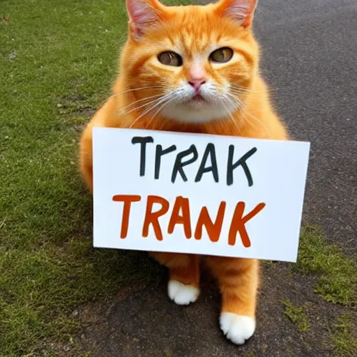 Prompt: a cute fluffly orange tabby cat holding a sign that says