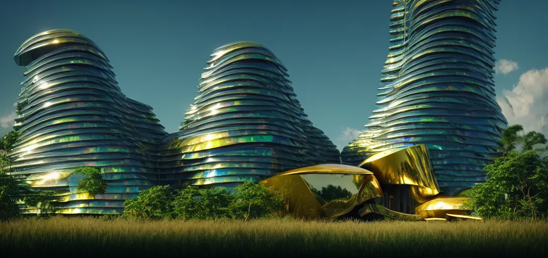 Image similar to futuristic shinny golden iridiscent mirror building in an jungle landscape of a biopunk city by frank gehry and zaha hadid, movie poster, golden ratio, evening lighting, film still, realistic, octane render redshift arnold materials unreal engine, 8 k post production, hyper detailed