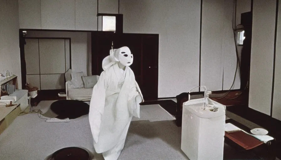 Prompt: 60s movie still of a white japanese female phantom in a non-euclidian house, eastmancolor, heavy grain, high quality, higly detailed, liminal space