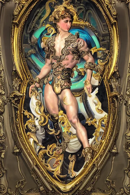Prompt: full-body bladerunner neon rococo style sculpture of a young handsome Spanish prince as a half cibernetic android with a chest opening exposing circuitry and electric sparks, glowing laser beam eyes, crown of giant diamonds, flowing neon-colored silk, fabric, raptors. baroque elements. full-length view. baroque element. intricate artwork by caravaggio. many many birds birds on background. Trending on artstation, octane render, cinematic lighting from the right, hyper realism, octane render, 8k, depth of field, 3D