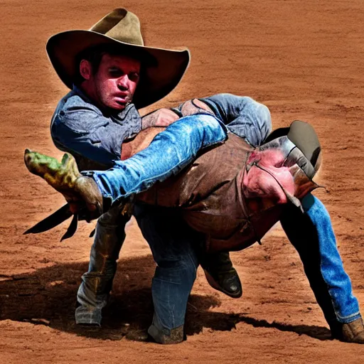 Image similar to cowboy wrestling a dinosaur