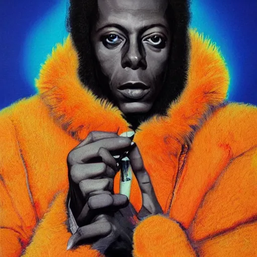 Image similar to beautiful fantasy character portrait, miles davis, bitches brew, wearing orange puffy bomber jacket with teal fur, by malti klarwein