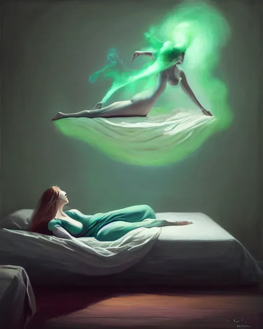 Prompt: a woman floating abover her bed at night, astral projection, green smoke!!!!! surreal concept art, lifelike, photorealistic, digital painting, aesthetic, smooth, sharp focus, artstation hd, artgerm and by greg rutkowski, bruce pennington, valentina remenar, rhads, asher duran,