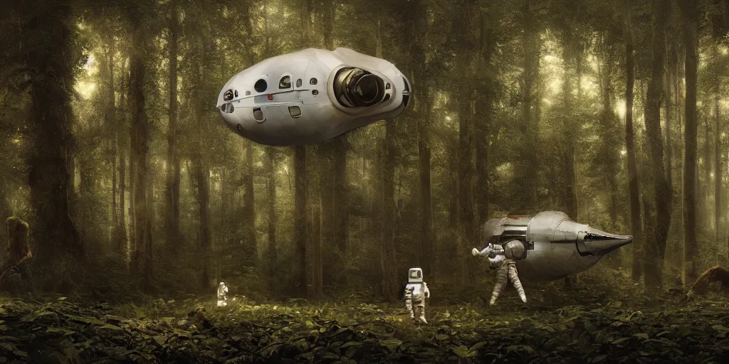 Prompt: an astronaut and a space ship in a forest, a detailed matte painting by frieke janssens, featured on cgsociety, space art, matte painting, matte drawing