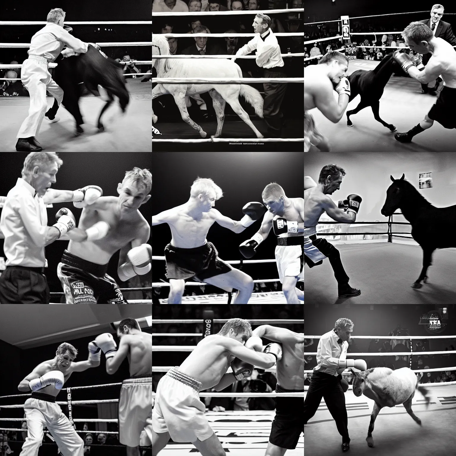 Image similar to boxing match, bill nye fights a black and white horse, animal photography