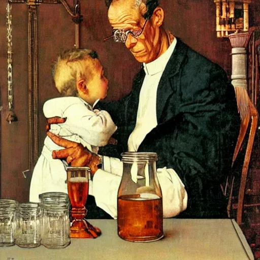 Image similar to male scientist holding a beaker next to a church altar with a child on it, painting by norman rockwell