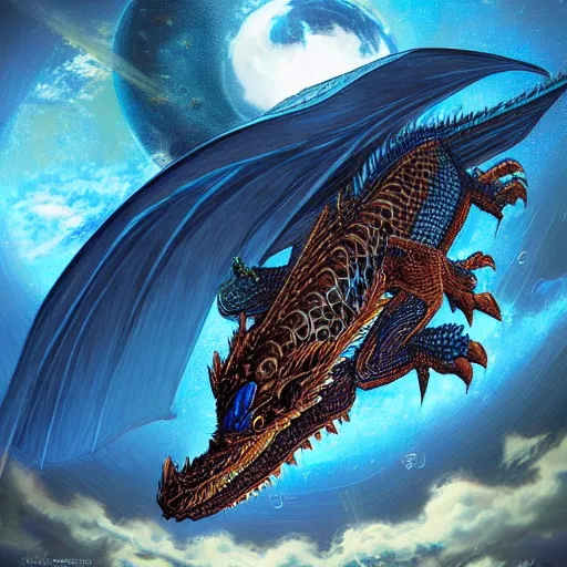 Prompt: Gigantic blue scaled dragon devouring an earth like planet while flying in space, sun system, behemoth, lizard, crocodile, digital art, by Carles Dalmau