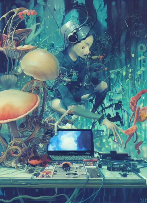 Image similar to surreal gouache painting, by yoshitaka amano, by ruan jia, by Conrad roset, by good smile company, detailed anime 3d render of a wild mushroom Surrounded by a magical dragonfly and a big DJ Mixer, deck, portrait, cgsociety, artstation, rococo mechanical and Digital and electronic, dieselpunk atmosphere