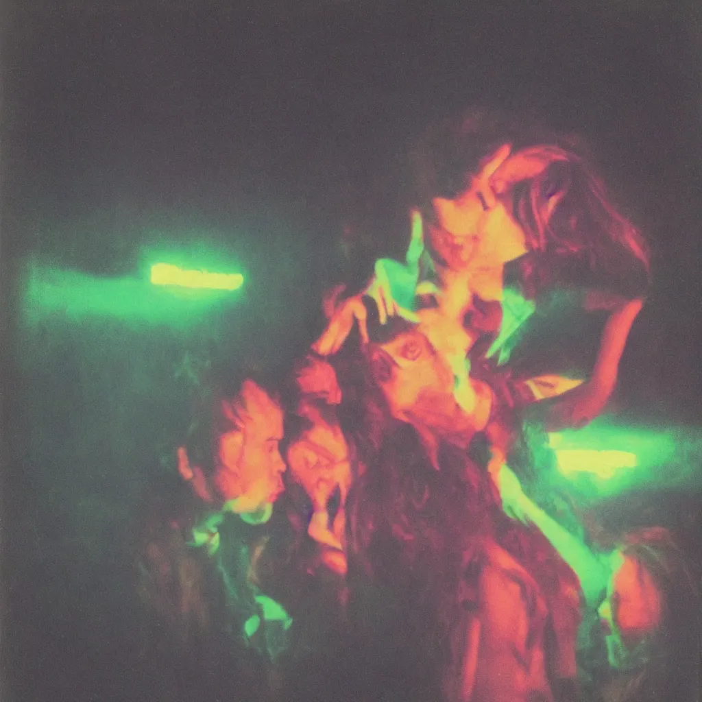 Prompt: a polaroid full body portrait of a man and woman intertwined in a dark foggy neon club