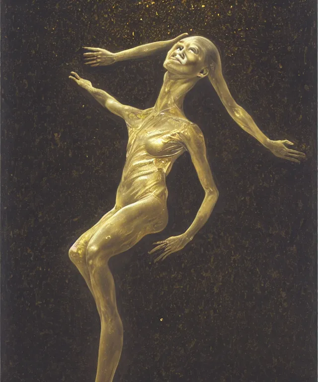 Image similar to Beautiful full-body wax sculpture of glowing transparent woman in glowing cloth with visible gold bones covered with melted white wax inside the singularity where stars becoming baroque folds of dark matter by Michelangelo da Caravaggio, Nicola Samori, William Blake, Alex Grey and Beksinski, dramatic volumetric lighting, highly detailed oil painting, 8k, masterpiece