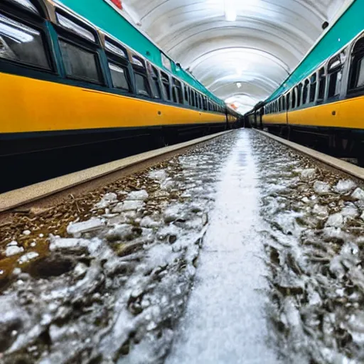 Image similar to photo of a train station, with floor flooded with ice cream