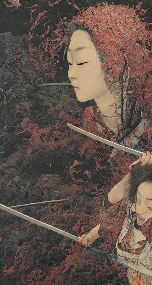 Image similar to Japanese schoolgirl runs away from Samurai with a katana on the subway, high detailed Beksinski painting, part by Adrian Ghenie and Gerhard Richter. art by Takato Yamamoto. masterpiece