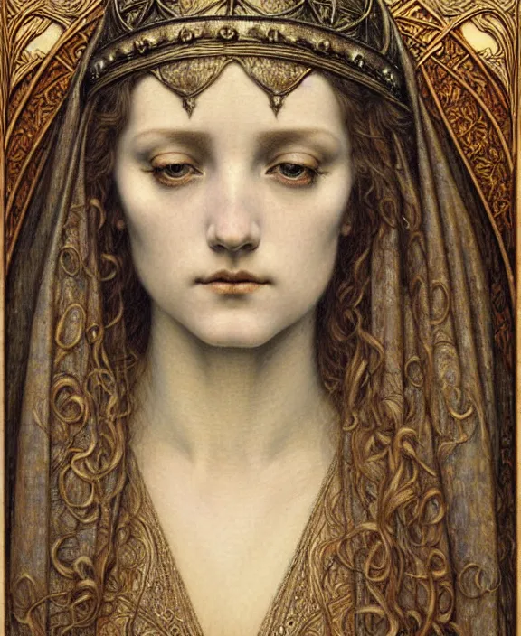 Image similar to detailed realistic beautiful young medieval queen face portrait by jean delville, gustave dore and marco mazzoni, art nouveau, symbolist, visionary, gothic, pre - raphaelite. horizontal symmetry