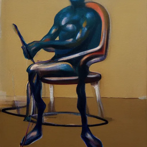 Image similar to a painting of a man sitting in a chair, a fine art painting by francis bacon, trending on artstation, shock art, oil on canvas, macabre, apocalypse art