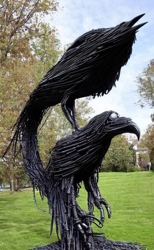 Image similar to imposing scary intricate raven outdoor sculpture made of oily cords