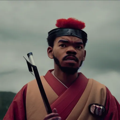 Image similar to cinematic film still of Chance The Rapper starring as a Samurai holding fire, Japanese CGI, VFX, 2022, 40mm lens, shallow depth of field, film photography