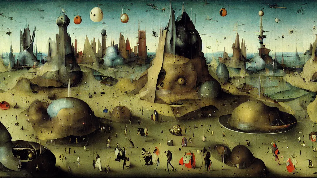 Image similar to a beautiful digital painting digital render of a futuristic spaceport. hieronymus bosch