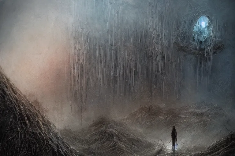 Image similar to prophecy, moody, amazing concept painting, art station, by Jessica Rossier and HR giger and Beksinski, the middle of a valley; it was full of bones, bones that were very dry, there was a noise, a rattling sound, and the bones came together, bone to bone , I looked, and tendons and flesh appeared on them and skin covered them, but there was no breath in them and breath entered them, they came to life and stood up on their feet a vast army