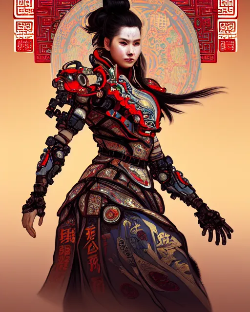 Image similar to portrait of a chinese cyberpunk machine horizon zero dawn, machine face, robed upper half portrait decorated with chinese opera motifs regal royal fierce machine robot cyberpunk fine china wuxia traditional chinese art intricate intense elegant highly detailed digital painting artstation illustration, art by artgerm and greg rutkowski alphonse mucha 8 k