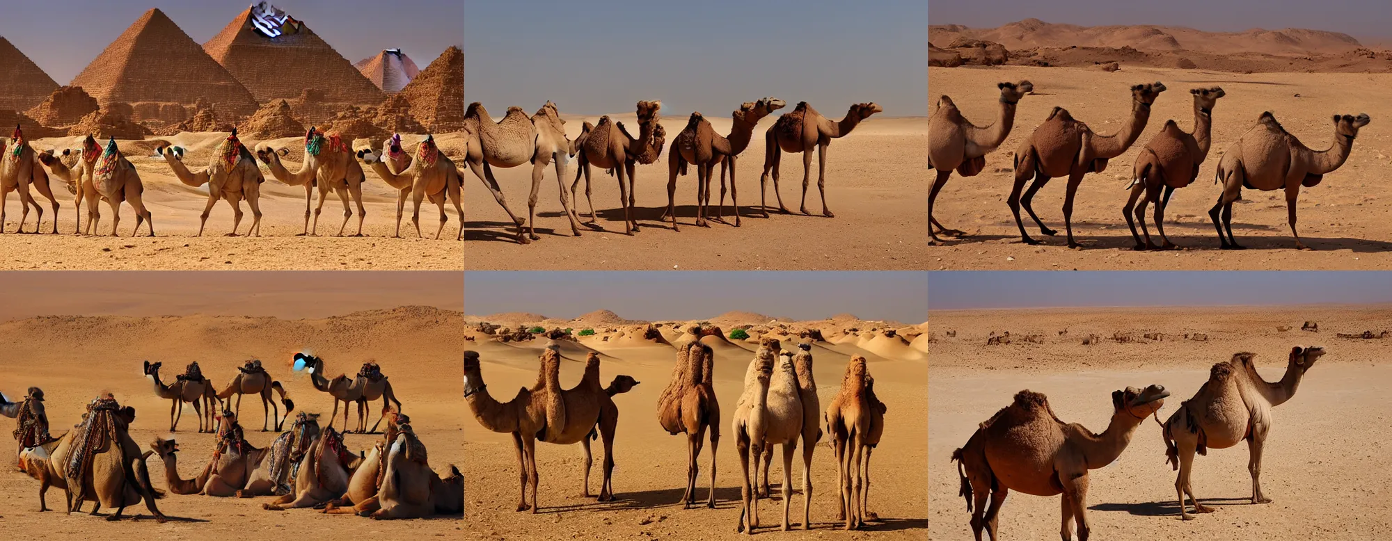 Prompt: Camels in a desert landscape in Egypt