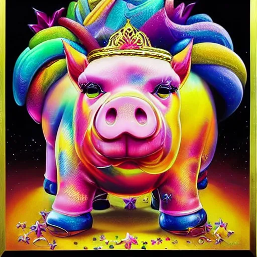 Prompt: lisa frank flexing pig wearing a gold crown painting by android jones