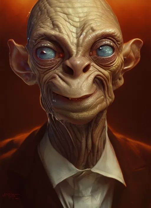 Image similar to portrait of gollum in suit, subsurface scattering, by jesper ejsing, justin gerard, tomasz alen kopera, cgsociety and fenghua zhong, highly detailed, rim light, cinematic lighting, illustration, art, octane render, very coherent, cinematic, hyper realism, high detail, octane render, 8 k