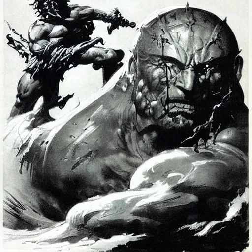 Prompt: warrior be enveloped gelatinous cube by frank frazetta