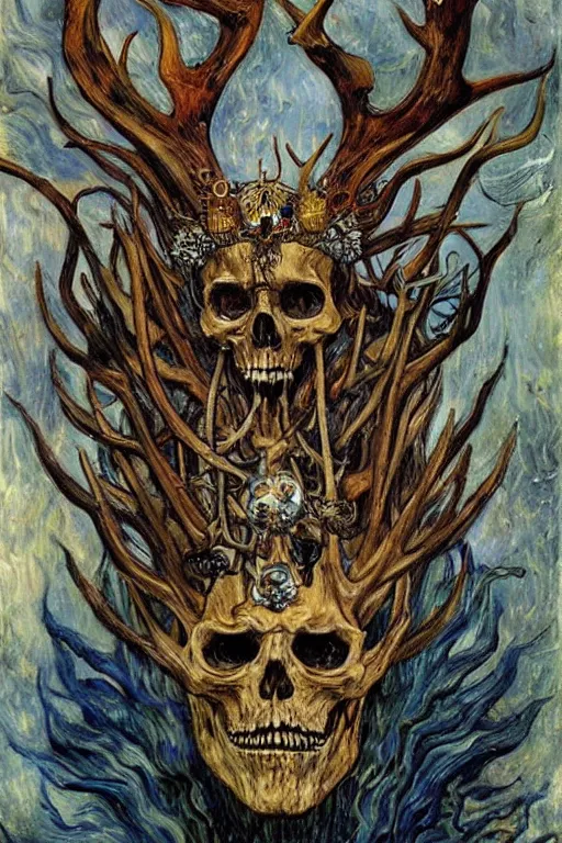 Image similar to The King of Bones by Karol Bak, Jean Deville, Gustav Klimt, and Vincent Van Gogh, portrait of a majestic demonic undead king, undead, lich lord, eyes on fire, fire in eyes, mystic eye, otherworldly, crown made of bones, antlers, horns, ornate jeweled crown, skull, fractal structures, arcane, inferno, inscribed runes, infernal relics, ornate gilded medieval icon, third eye, spirals, rich deep moody colors