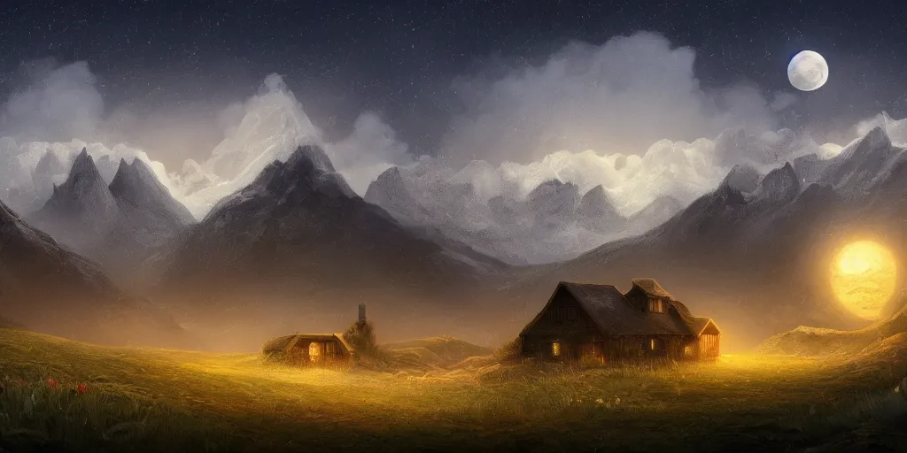 Image similar to Void covered fields with large mountains in the distance, small cottage in the foreground, nighttime, moon in the night sky, landscape wallpaper, d&d art, fantasy, painted, 4k, high detail, sharp focus