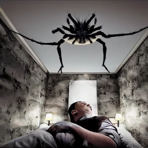 Image similar to picture of bedroom ceiling with spider monster elon musk crawling on ceiling, horror, cryptid, monster, horror, black, dark, horror,