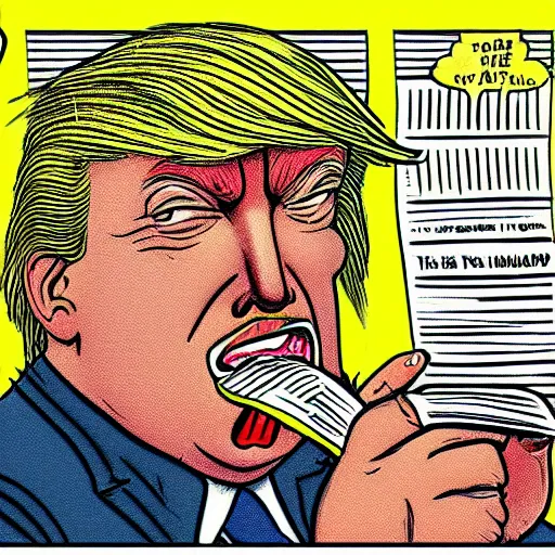 Prompt: close - up portrait of donald trump eating paper, by robert crumb