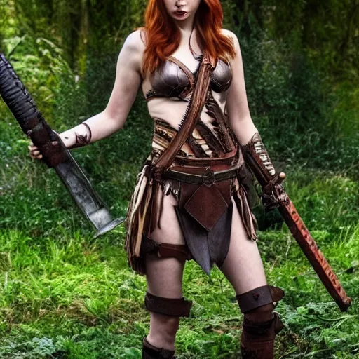 Image similar to full body photo of karen gillan as an amazon warrior with weapons