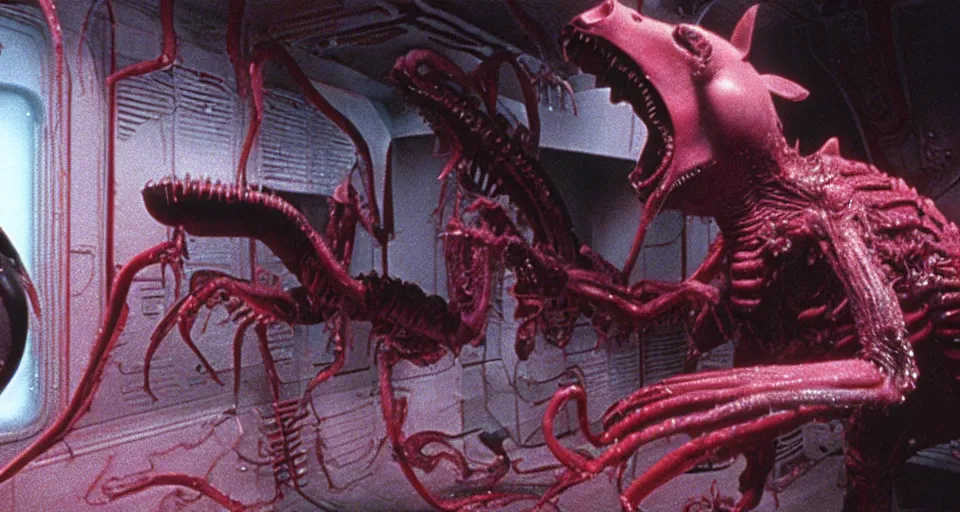 Image similar to peppa the pig infected by xenomorph from movie alien 1 9 7 9, staying at nostromo spaceship. extreme long shot, 4 k, cinestill, giger, hermann nitsch, dark colors