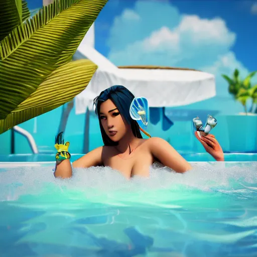 Prompt: pool party Akali catching the Hawaiian sun (League of Legends). 3d render, octane render, iRay, ray tracing, realistic, highly detailed, trending on artstation, 4k, cgsociety, unreal engine 5, redshift render, blender cycles, behance, cg