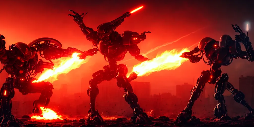 Image similar to cybernetic war at the gates to hades, mecha - warrior battling an alien cyborg in a fiery clash at the gates of hell, 8 k resolution, octane render, photorealistic illustration, low angle pov, dramatic lighting, cinematic fight imagery,