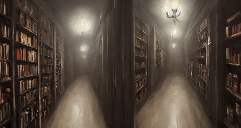 Image similar to Stefan Koidl's painting of a very dark creepy victorian corridor with bookshelves everywhere and two candles. 4k, artstation.