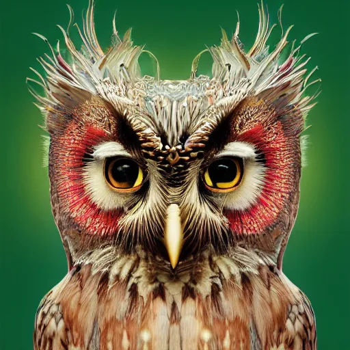 Image similar to the portrait of an absurdly beautiful, graceful, elegant mature owl made of bananas and petals looking up, an ultrafine detailed illustration by kim jung gi, irakli nadar, intricate linework, bright colors, octopath traveler, final fantasy, angular, unreal engine 5 highly rendered, global illumination, radiant light, detailed and intricate environment