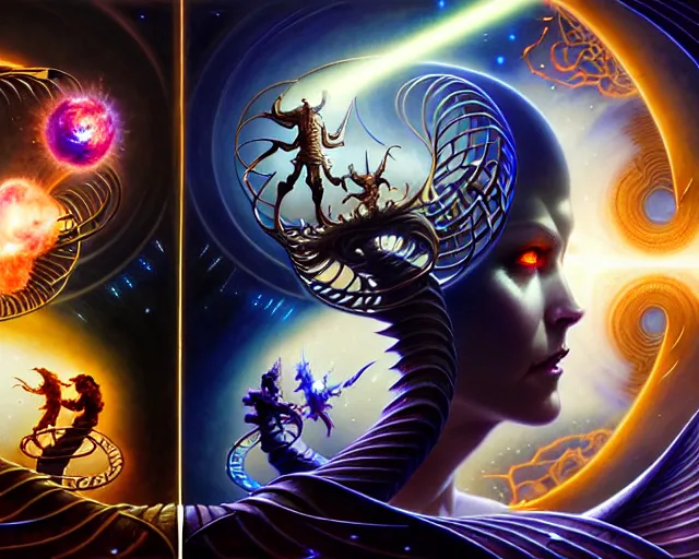 Image similar to the battle of light and dark, gemini, fantasy character portrait made of fractals, facing each other, ultra realistic, wide angle, intricate details, the fifth element artifacts, highly detailed by peter mohrbacher, hajime sorayama, wayne barlowe, boris vallejo, aaron horkey, gaston bussiere, craig mullins